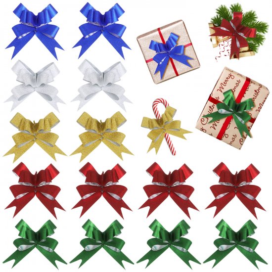 200Pcs Christmas Bows, Glittering Bows for Gift Wrapping Ribbon Christmas Pull Bows for Xmas Gifts Birthday Wedding New Year Holiday Present Baskets Bottles Floral Christmas Decorations, Easy to Use - Click Image to Close