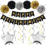 Retirement Party Decorations, Black and Gold Happy Retirement Banner, Paper Flowers, Sparkling Hanging Swirls and Star Shape Foil Balloons for Women & Men Happy Retirement Decorations Supplies